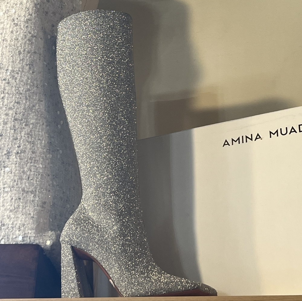 Nib Amina Muaddi Silver Knee-High Women's Boots - Picture 11 of 12